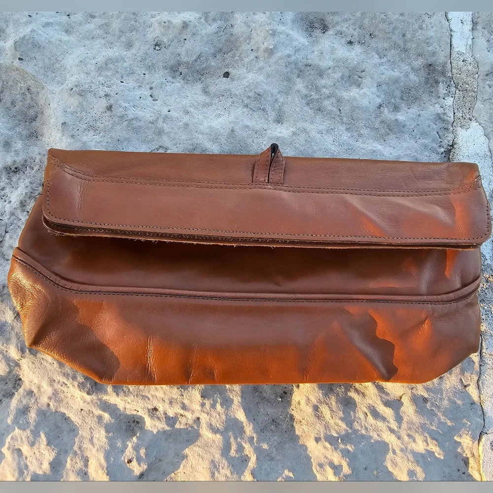 Vintage 1970s Phillippe brown leather fold over clutch bag purse luxury craftman - Picture 5 of 10